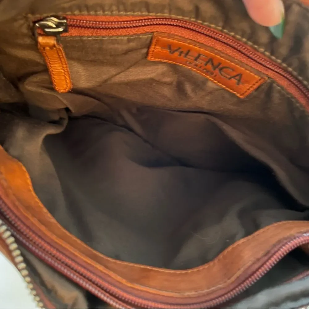 Vilenca Holland Perforated Leather Pattern Crossbody Tote Bag Tan